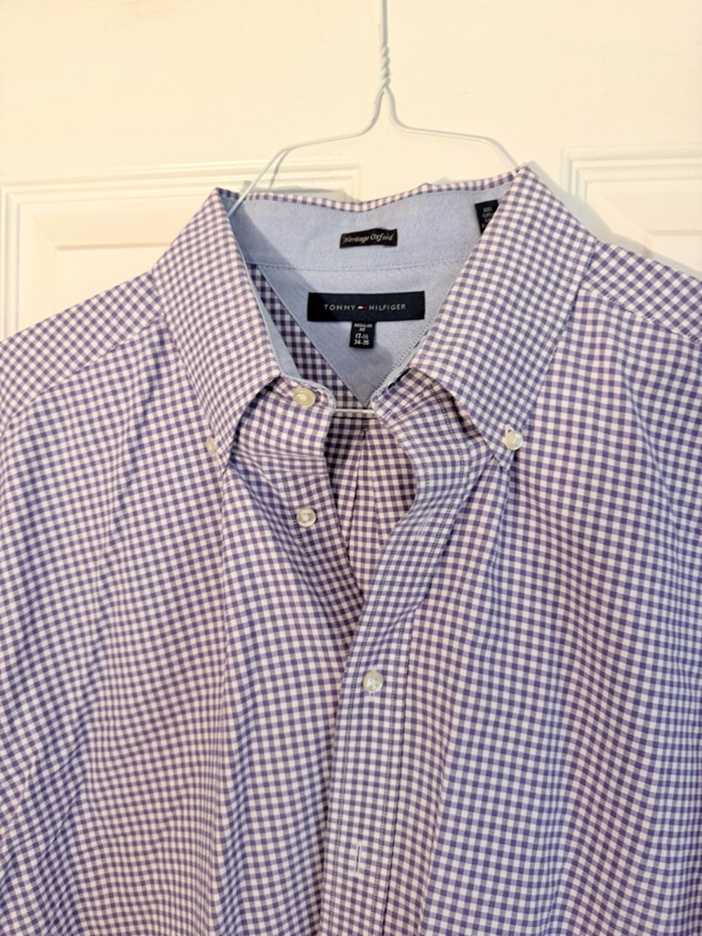 Tommy Hilfiger Men's Lavender Gingham Button-Down Shirt 17.5 34/35